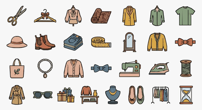 Industrial Set of Vintage Fashion Accessories Clothing Sewing Tools and Time Themed Items in Earthy Tones