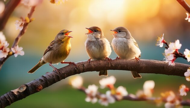 funny little birds sitting on a branch in a spring sunny park chirping birds branch spring park chirping cute animals