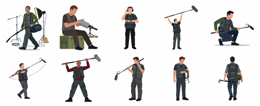 Flat vector illustration set of professional film crew sound recordists and boom operators in various poses, isolated on white background.