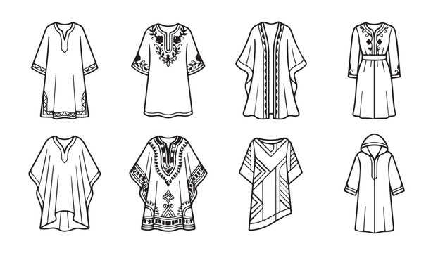 Eight diverse kaftan and tunic styles with intricate embroidery and geometric patterns on a white background vector illustration