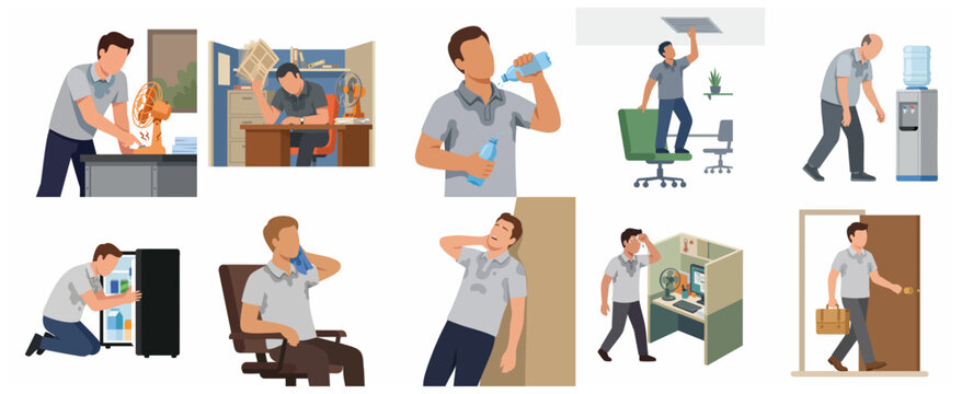 Vector illustration set of people suffering from extreme heat wave, sweating, and trying to stay cool in the office and home