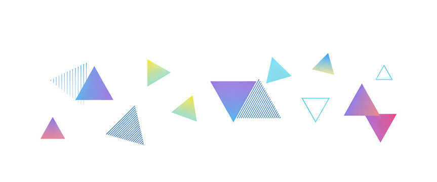 A collection of colorful geometric triangles and parallelograms with gradient fills on transparent background shapes polygon color pastel colors abstract modern design
