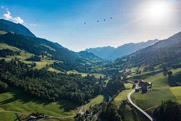 Sunlit aerial panorama of Erlenbach im Simmental valley - winding road, farms and alpine pastures © Carismarkus