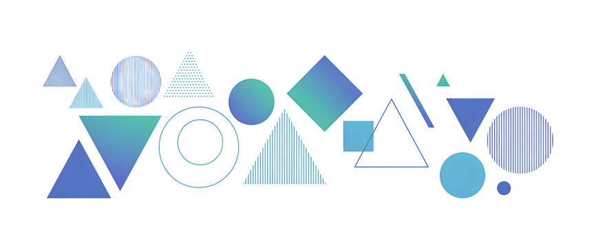 Assorted geometric shapes including triangles circles squares and lines on transparent background design abstract triangle circle square rectangle polygon stripes gradient blue