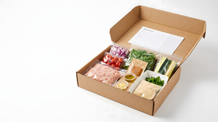 Obraz premium Meal prep containers displayed with ingredients and food in a box on a table