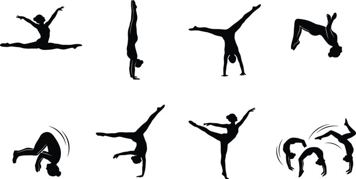 Gymnastics Silhouette Icons Set of Dynamic Poses and Movements