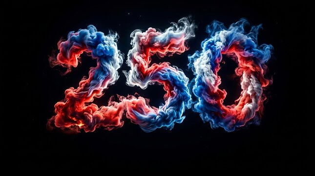 Majestic number two hundred fifty rendered in swirling red white and blue smoke against black background representing milestone of historical significance and patriotic pride theme.