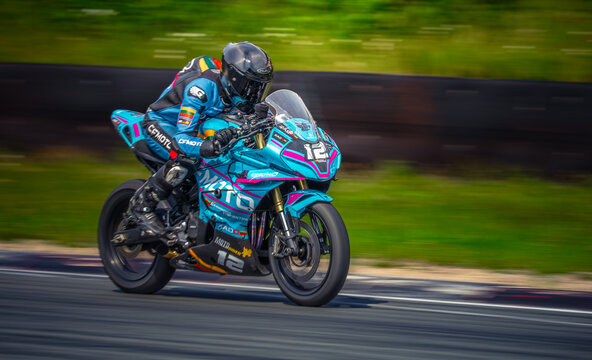 Regular training in Riga, Latvia, Bikernieki on 12-05-2026  MotoGP rider navigating a high-speed corner on a racetrack
