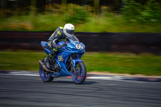 Regular training in Riga, Latvia, Bikernieki on 12-05-2026  Motorcyclist leaning into a turn on race track