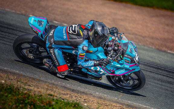 Regular training in Riga, Latvia, Bikernieki on 12-05-2026  Motorcyclist leaning into a curve on a racetrack