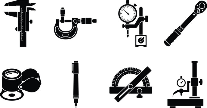 Precision measuring tools icons set featuring vernier caliper micrometer dial indicator protractor and torque wrench