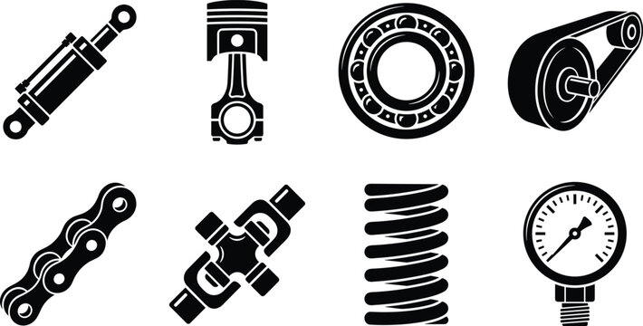 Mechanical spare parts icons set featuring piston ball bearing shock absorber drive belt chain and pressure gauge