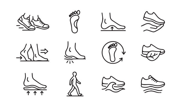 Foot biomechanics icons showing arch support and athletic shoe function with clean lines