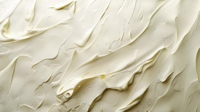 Close-up creamy off-white spread with smooth swirls and textured brush strokes, an abstract food or cosmetic surface background