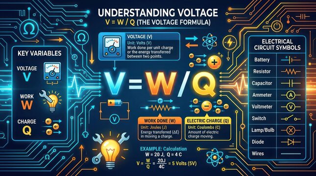 Tech infographic explaining electrical voltage formula with circuit symbols and variables.