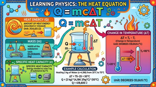 Scientific infographic explaining heat equation with thermal energy and mass calculations.