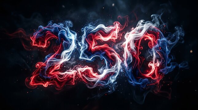 Stunning number two hundred fifty shaped from swirling clouds of red white and blue smoke with floating sparks set against dark moody background celebrating historic milestone event.