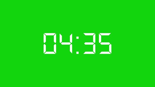 Starting soon Digital countdown clock timer in 5 hours to zero second. White text number on isolated green background. Element for overlay concept. 5 minutes countdown 4K footage