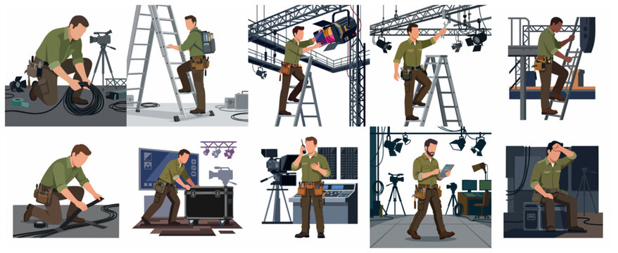 Set of Professional Film Crew and Stage Technicians Working on Production Set Illustrations