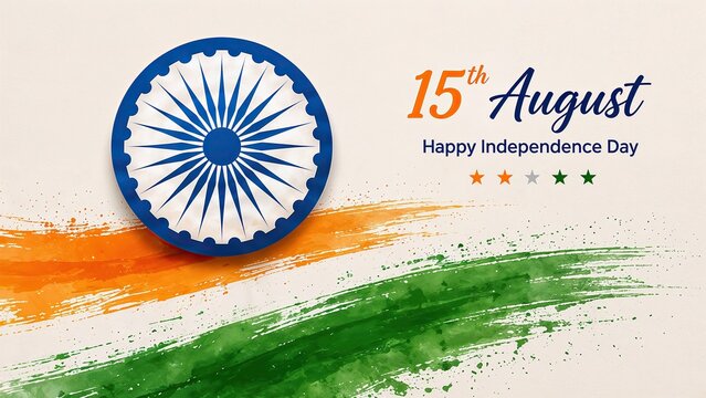 Indian Independence Day celebration banner, 15th August greeting with Ashoka Chakra, saffron and green watercolor brush strokes on textured background
