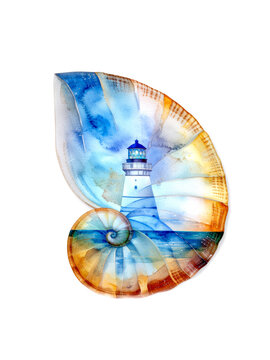 A watercolor painting depicts a lighthouse and ocean scene within the spiral of a seashell. The image is a symbolic representation of nature and guidance.