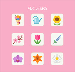 Obraz premium Flowers varieties icons set with sunflower tulip cherry blossom orchid lily daisy and watering can vector illustration