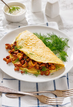 Egg omelet with fried wild chanterelles and dill