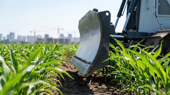 Urban field with tractor blade near young crop, urbanization encroachment concept and growth pressure