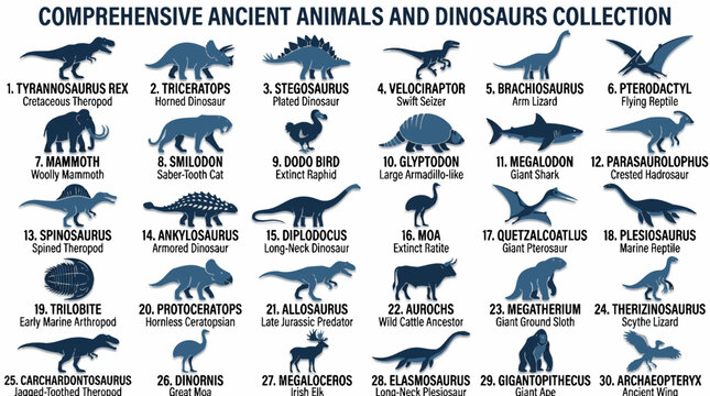 Comprehensive ancient animals and dinosaurs collection infographic featuring thirty prehistoric creatures and extinct wildlife icons