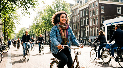 Obraz premium A woman with curly hair wearing headphones rides a bicycle on a sunny street, smiling as she cycles alongside other cyclists and trams.