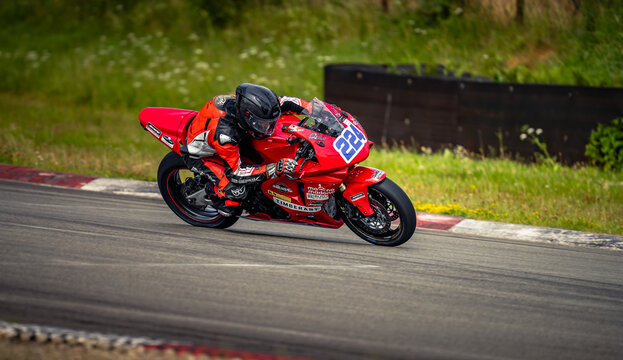 Regular training in Riga, Latvia, Bikernieki on 12-05-2026  Motorcyclist racing on a curved asphalt track