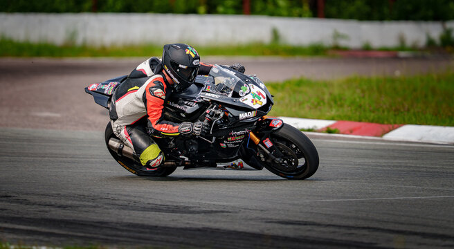 Regular training in Riga, Latvia, Bikernieki on 12-05-2026  Motorcyclist leaning into a turn on a race track