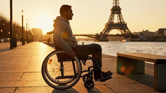 Man in wheelchair travels near Eiffel Tower at sunset. Disabled person enjoys Paris travel. Man with wheelchair explores landmark. Tourist in wheelchair at sunset by river Seine in Paris.