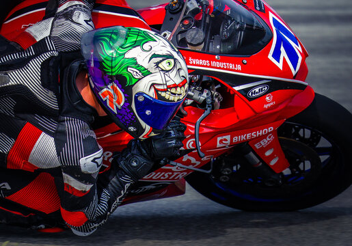 Regular training in Riga, Latvia, Bikernieki on 12-05-2026  Motorcyclist leaning into a turn on a racetrack