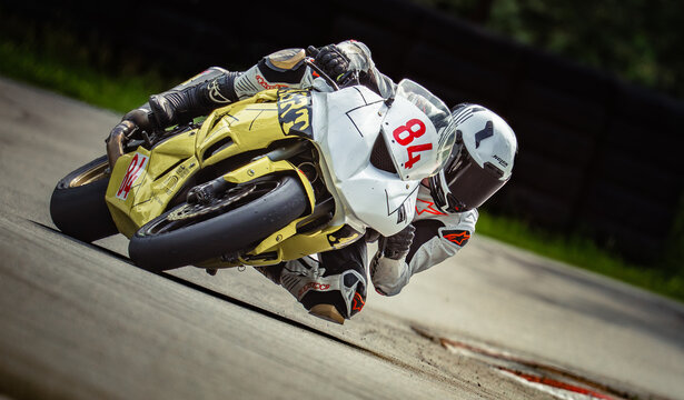 Regular training in Riga, Latvia, Bikernieki on 12-05-2026  Motorcyclist leaning on race track during speed run