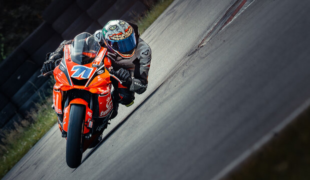 Regular training in Riga, Latvia, Bikernieki on 12-05-2026  Motorcyclist leaning into a high-speed corner on a racetrack