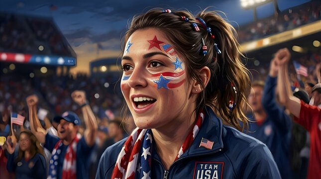 Excited Female Athlete with USA Face Paint and Scarf at Stadium