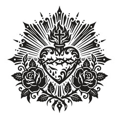 Fototapeta premium Traditional sacred heart religious symbol with roses and sunburst, religious art