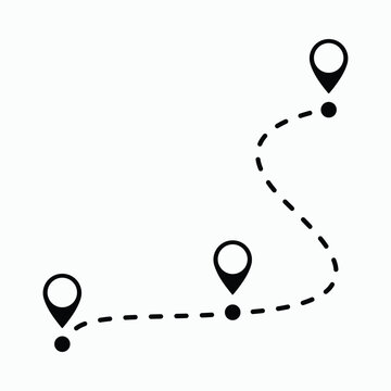 Three location pins connected by a dashed line path, symbolizing a multi-stop journey or route, simple black and white map marker design, travel itinerary tracking icon, multiple destination finding.