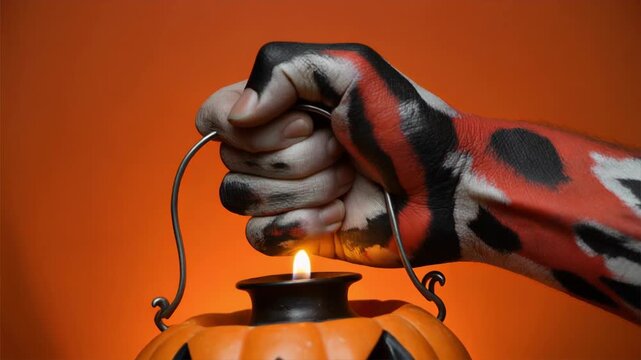 Halloween Hand Painted Like a Moth Holds Lit Pumpkin Lantern