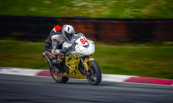 Regular training in Riga, Latvia, Bikernieki on 12-05-2026  Motorcyclist leaning into a high-speed turn on race track