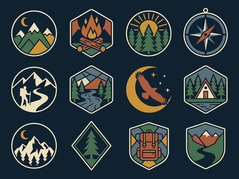 Set of 12 vintage outdoor adventure badges featuring mountains, camping, hiking, and forest icons.