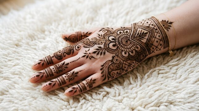 Intricate henna design on a womans hand resting on a white fluffy blanket