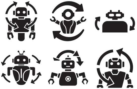 Robot automation icons with circular arrows showing recycling, machine learning, and adaptive artificial intelligence concepts in modern flat design