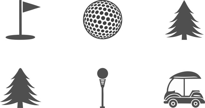 Golf Course Icon Set Minimal Flat Design with Flag Golf Ball Pine Tree Lamp Post Golf Cart Isolated Collection