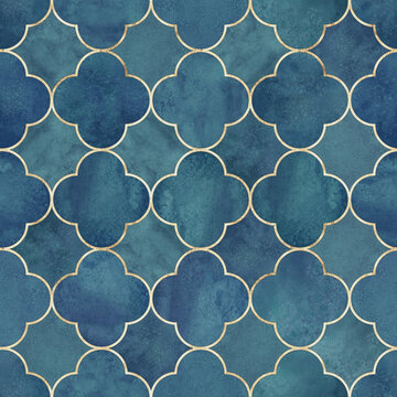 Seamless Watercolor Clover Leaf Geometric Pattern in Deep Blue