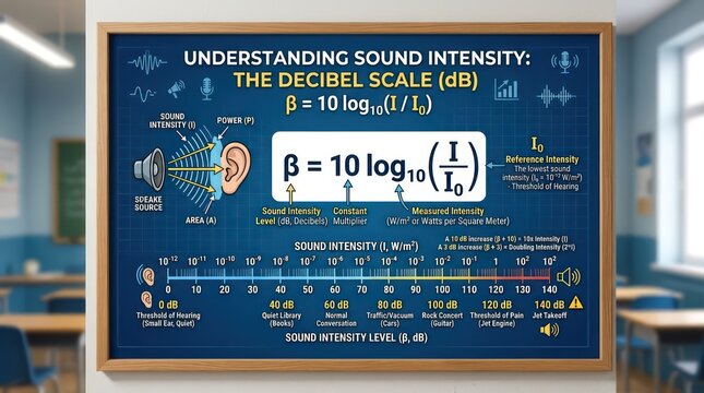 Infographic poster illustrating sound intensity and decibel scale for classroom learning.