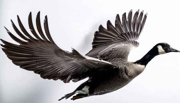 abstract flying goose black feathers floating on white background
