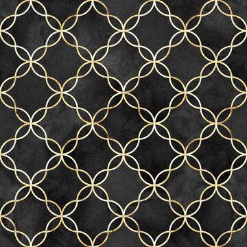 Seamless Watercolor Trellis Geometric Pattern in Black and Gold