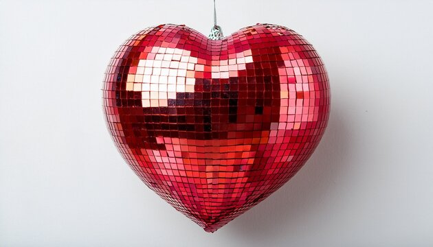 a shiny red heart shaped disco ball against a swhite background